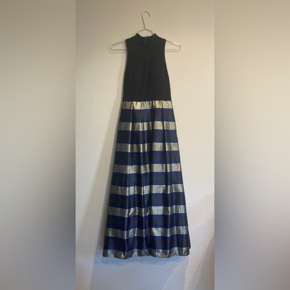 XScape Striped Mock Neck Racerback Formal Gown 8P Black, Gold, Blue Metallic